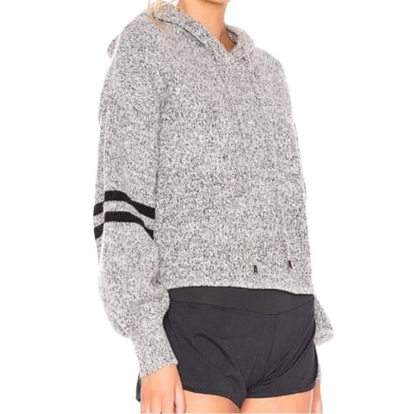 ONZIE Gray Black Varsity Striped Blouson Sleeve Chunky Knit Hoodie Sweater OS - Picture 14 of 14